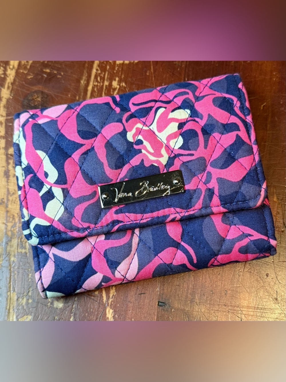VERA BRADLEY Quilted Trifold Wallet - Navy & Pink Floral Print